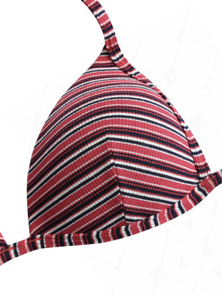 Red Knit Striped Ribbed Halter Triangle Bikini Top