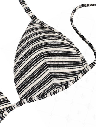 Black Knit Striped Ribbed Halter Triangle Bikini Top