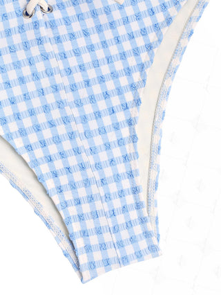 Light Blue Gingham Grommet Lace Up Full Coverage Bikini Bottom