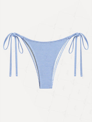 Blue Knitted Plaid Fabric Tie Side String Bikini Bottom