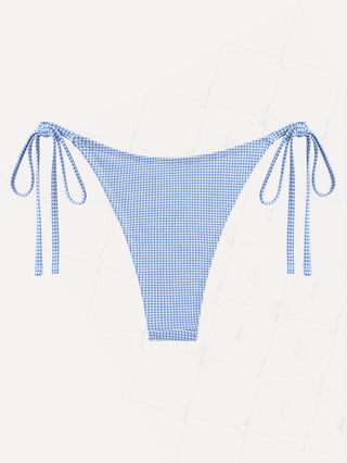 Blue Knitted Plaid Fabric Tie Side String Bikini Bottom