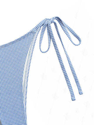 Blue Knitted Plaid Fabric Tie Side String Bikini Bottom
