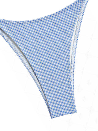 Blue Knitted Plaid Fabric Tie Side String Bikini Bottom
