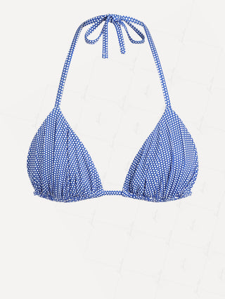 Blue Polka Dot Print Ruched Halter Tied Triangle Bikini Top