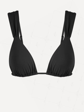 Black Solid Color Ruched Wide Straps Triangle Bikini Top