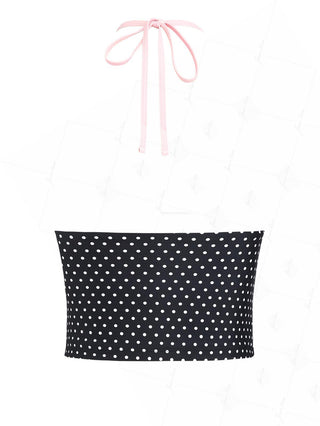 Black Polka Dot Print Bowknot Halter Tankini Top