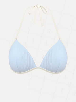 Light Blue Contrast Binding Ribbed Knit Halter Triangle Bikini Top