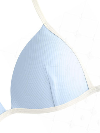 Light Blue Contrast Binding Ribbed Knit Halter Triangle Bikini Top