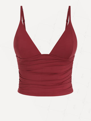 Red Wine Solid Color Cool Touch Ruched Plunging Neck Cami Tankini Top