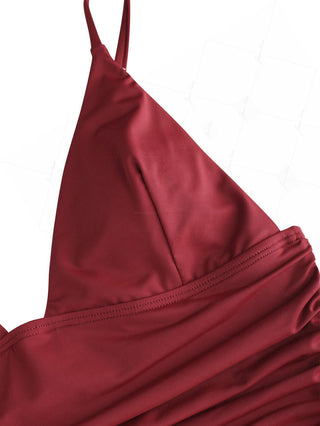 Red Wine Solid Color Cool Touch Ruched Plunging Neck Cami Tankini Top