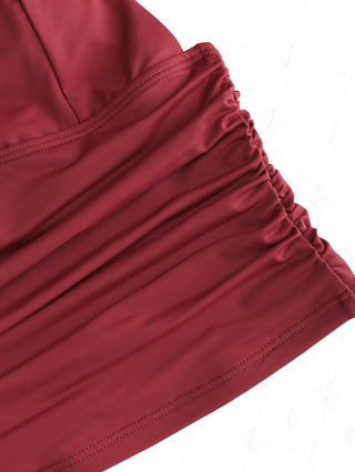 Red Wine Solid Color Cool Touch Ruched Plunging Neck Cami Tankini Top