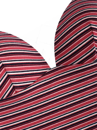 Red Knit Striped Ribbed Halter Tied Push Up Tankini Top