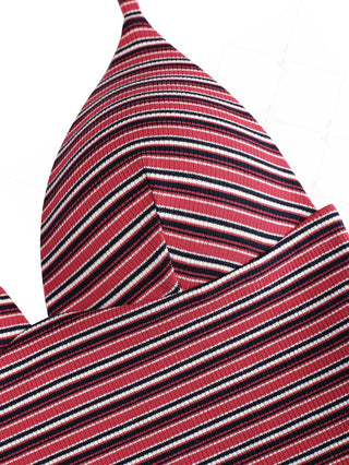 Red Knit Striped Ribbed Halter Tied Push Up Tankini Top