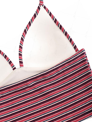 Red Knit Striped Ribbed Halter Tied Push Up Tankini Top