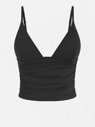 Black Solid Color Ruched Plunging Neck Cami Tankini Top