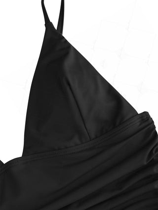 Black Solid Color Ruched Plunging Neck Cami Tankini Top