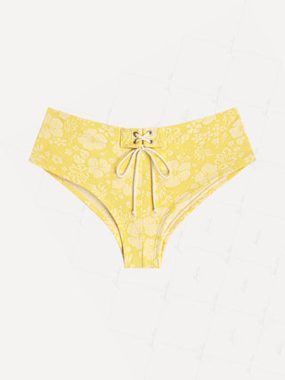 Yellow Recycled Fabric Jacquard Grommet Lace Up Swim Bottom Bikini Boyshorts