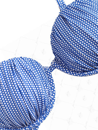 Blue Polka Dot Print Ruched Underwire Push Up Bikini Top
