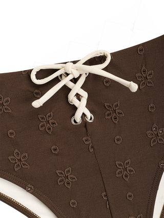 Deep Coffee Recycled Fabric Eyelet Jacquard Lace Up Bikini Bottom