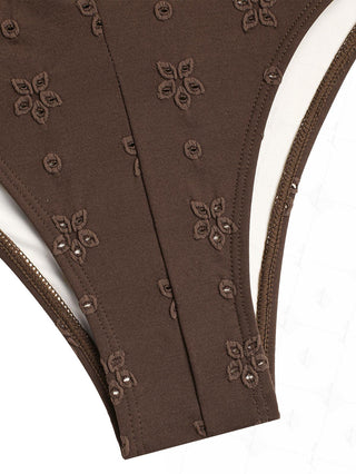 Deep Coffee Recycled Fabric Eyelet Jacquard Lace Up Bikini Bottom