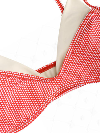 Cherry Red Polka Dot Print Double Layer 2 In 1 Bikini Top