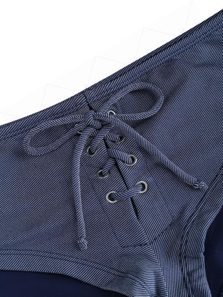 Deep Blue Denim Fabric Lace Up Bikini Bottom Cheeky Swim Boyshorts