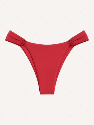 Red Solid Color Ruched Side High Leg Bikini Bottom