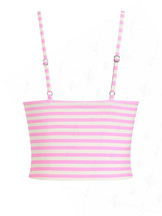 Light Pink Striped Lace Bowknot Plunging Neck Tankini Top
