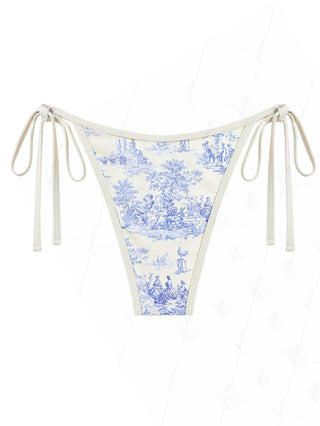 Crystal Cream Toile de Jouy Spliced Ruched Ruffles Bikini Bottom