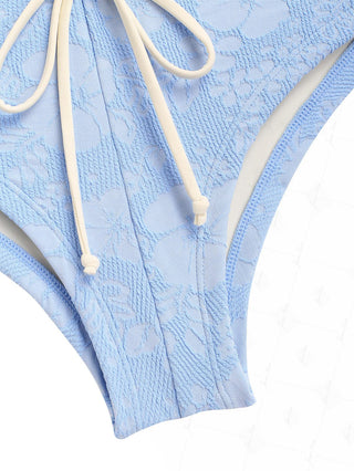 Light Blue Recycled Fabric Jacquard Lace Up Bikini Bottom Cheeky Swim Boyshorts
