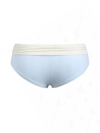 Light Blue Ribbed Knit Ruched Bowknot Foldover Bikini Bottom Cheeky Swim Boyshorts