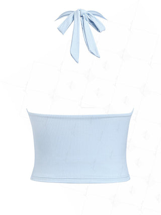 Light Blue Ribbed Knit Bowknot Plunging Neck Halter Tied Tankini Top