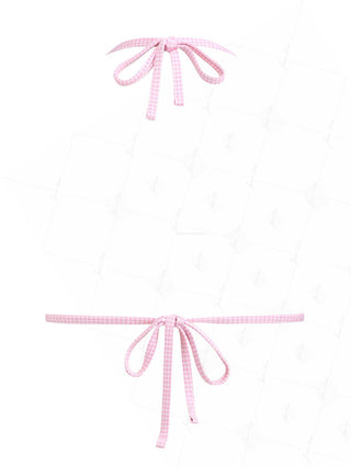 Light Pink Knitted Plaid Contrast Lace Bowknot Halter Triangle Bikini Top