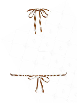 Coffee Striped Lace Bowknot Halter Triangle Bikini Top