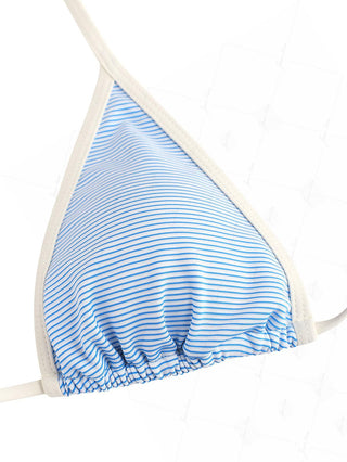 Sky Blue Striped Contrast Binding Halter Triangle Bikini Top