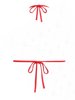 Red Recycled Fabric Jacquard Faux Pearl  Halter Triangle Bikini Top