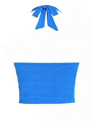 Blue Recycled Fabric Jacquard Bowknot Halter Bikini Tankini Top