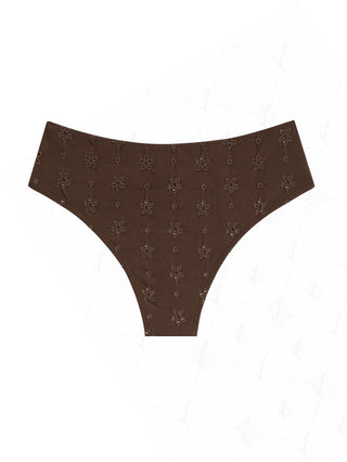 Deep Coffee Recycled Fabric Eyelet Jacquard Lace Up Bikini Bottom