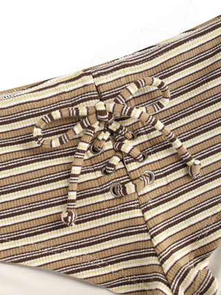 Brown Ribbed Knit Striped Grommet Lace Up Bikini Bottom Cheeky Swim Boyshorts