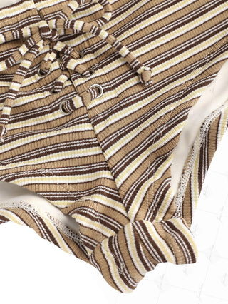 Brown Ribbed Knit Striped Grommet Lace Up Bikini Bottom Cheeky Swim Boyshorts