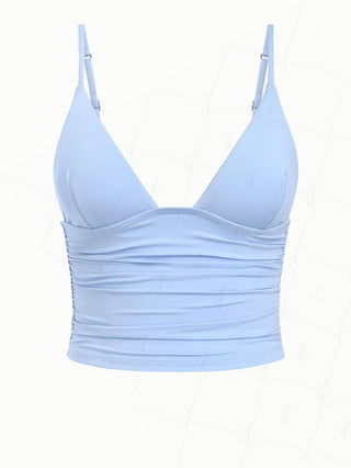 Powder Blue Solid Color Ruched Deep V Neck Cami Tankini Top