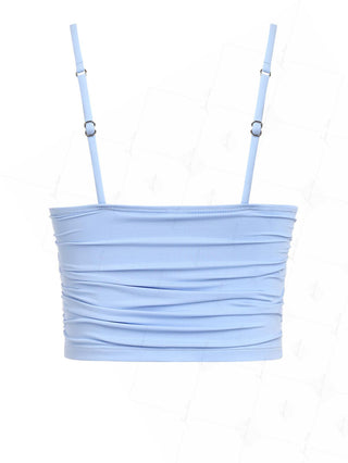 Powder Blue Solid Color Ruched Deep V Neck Cami Tankini Top