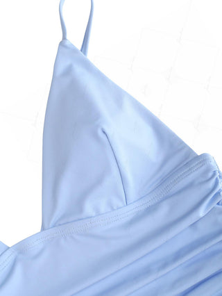 Powder Blue Solid Color Ruched Deep V Neck Cami Tankini Top