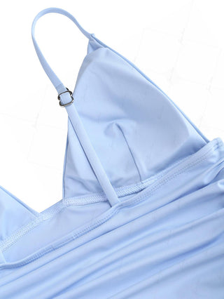 Powder Blue Solid Color Ruched Deep V Neck Cami Tankini Top