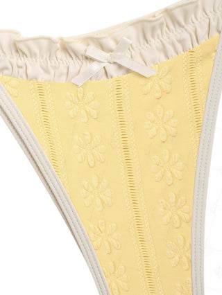 Yellow Floral Jacquard Textured Bowknot Tie Side Cheeky Bikini Bottom