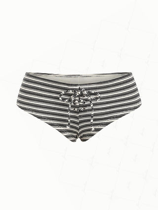 Black Knit Striped Ribbed Grommet Lace Up Bikini Bottom Cheeky Swim Boyshorts