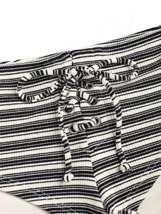 Black Knit Striped Ribbed Grommet Lace Up Bikini Bottom Cheeky Swim Boyshorts