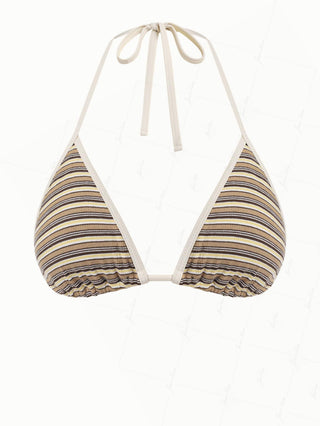 Brown Knit Striped Ribbed Contrast Binding Halter Triangle Bikini Top