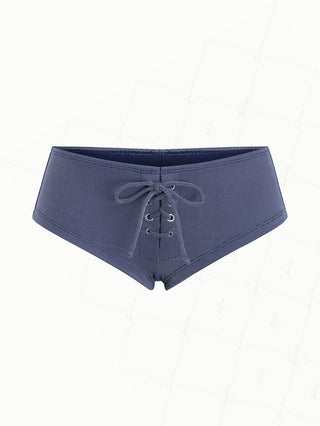 Deep Blue Denim Fabric Lace Up Bikini Bottom Cheeky Swim Boyshorts