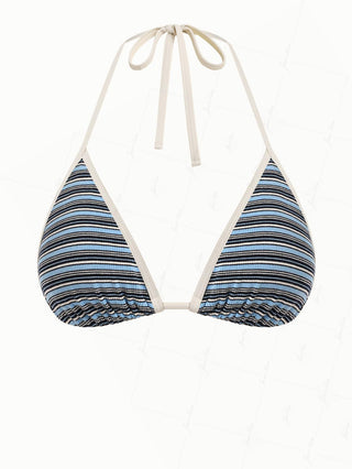 Blue Knit Striped Ribbed Contrast Binding Halter Triangle Bikini Top